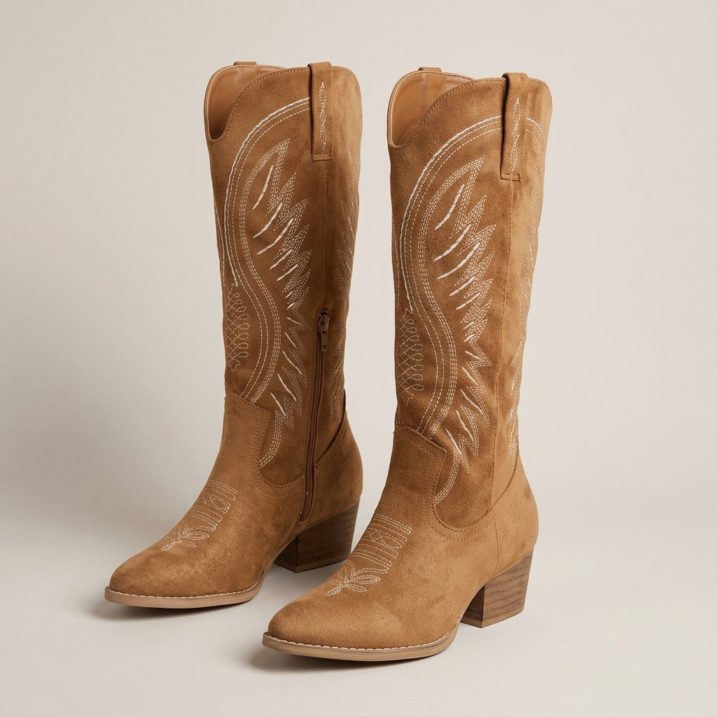 Imogen tan suede-look knee-high western boots with cream stitching, pair