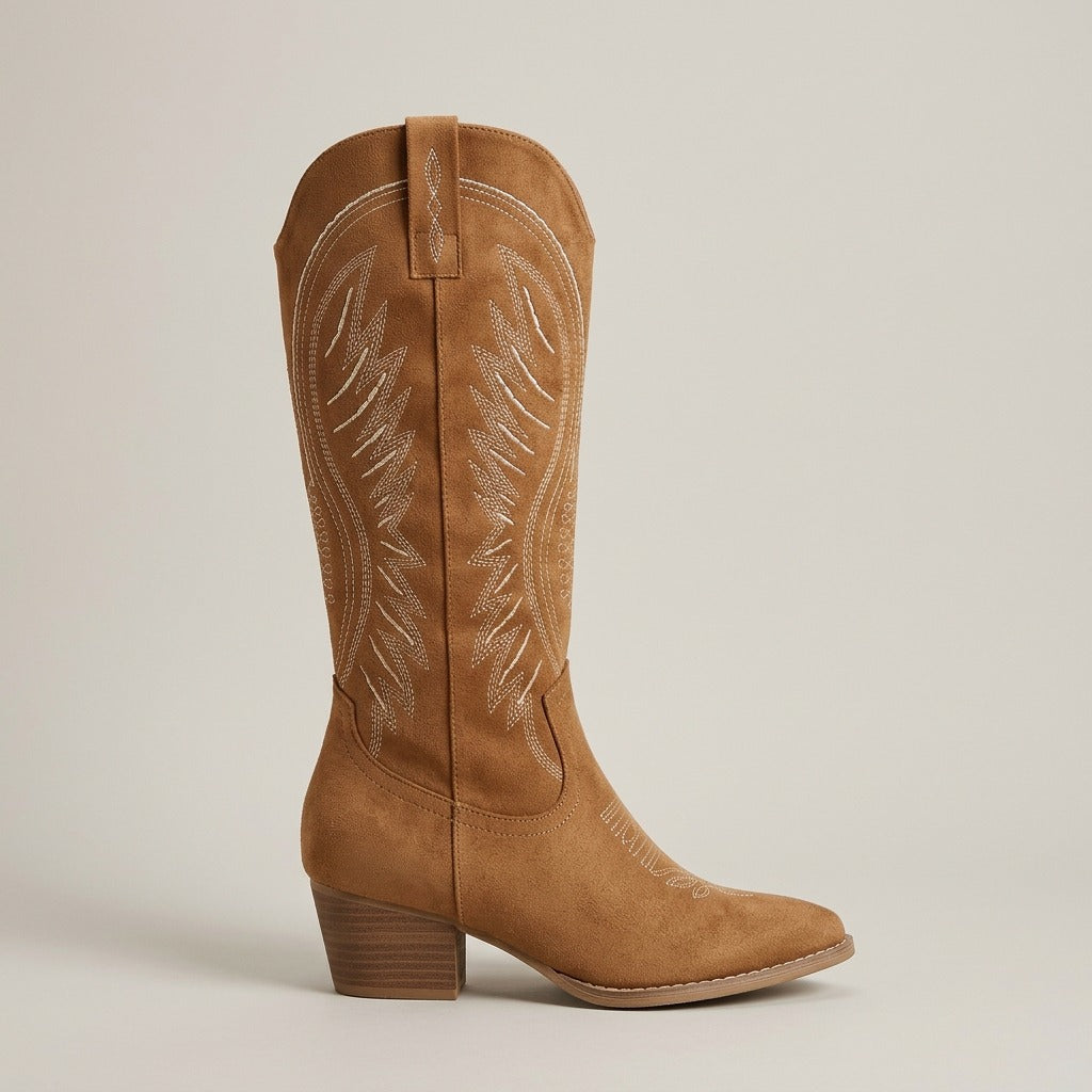 Imogen tan western boot, side view of the block heel