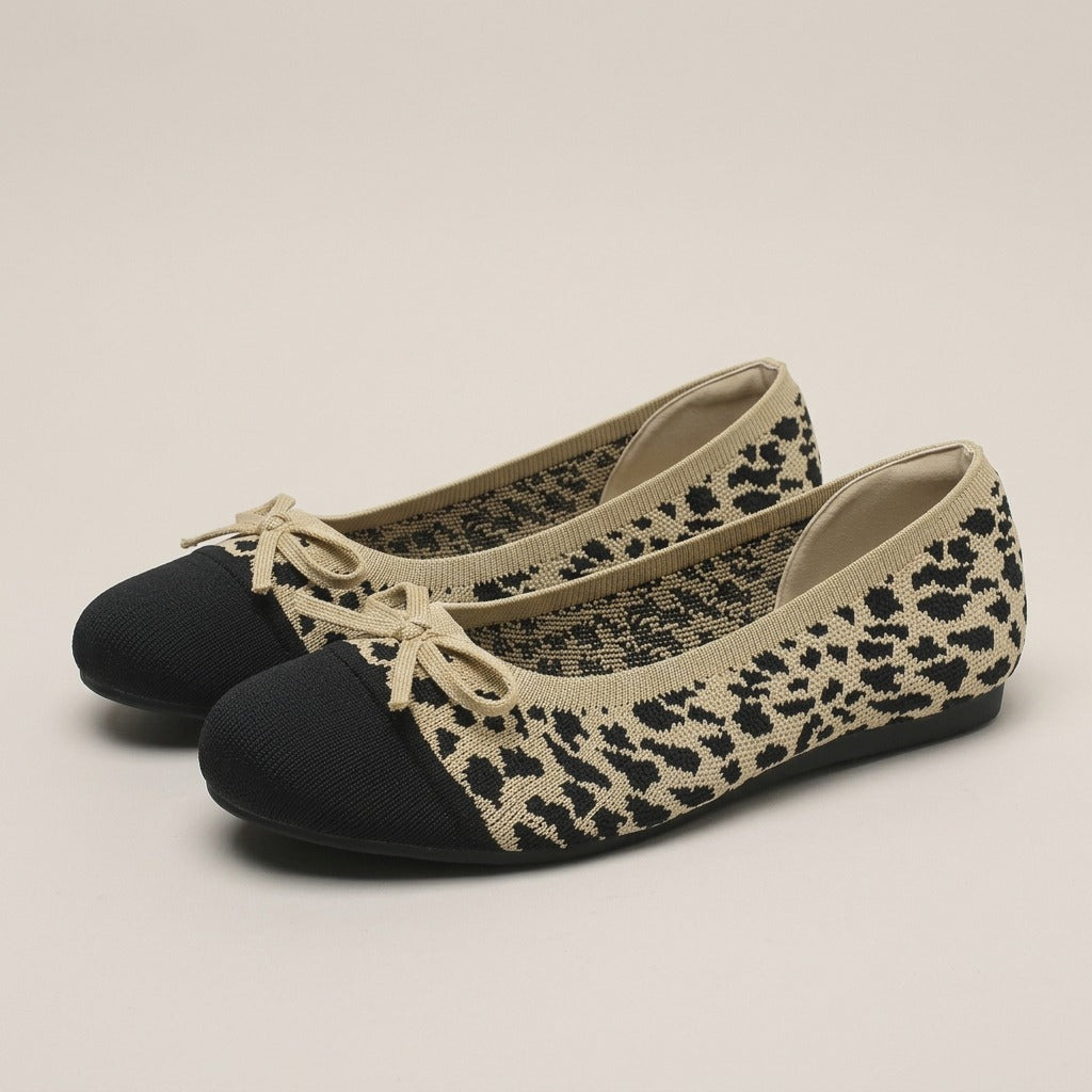 Isla leopard-pattern knit ballet flats with black cap toe and small bow, pair