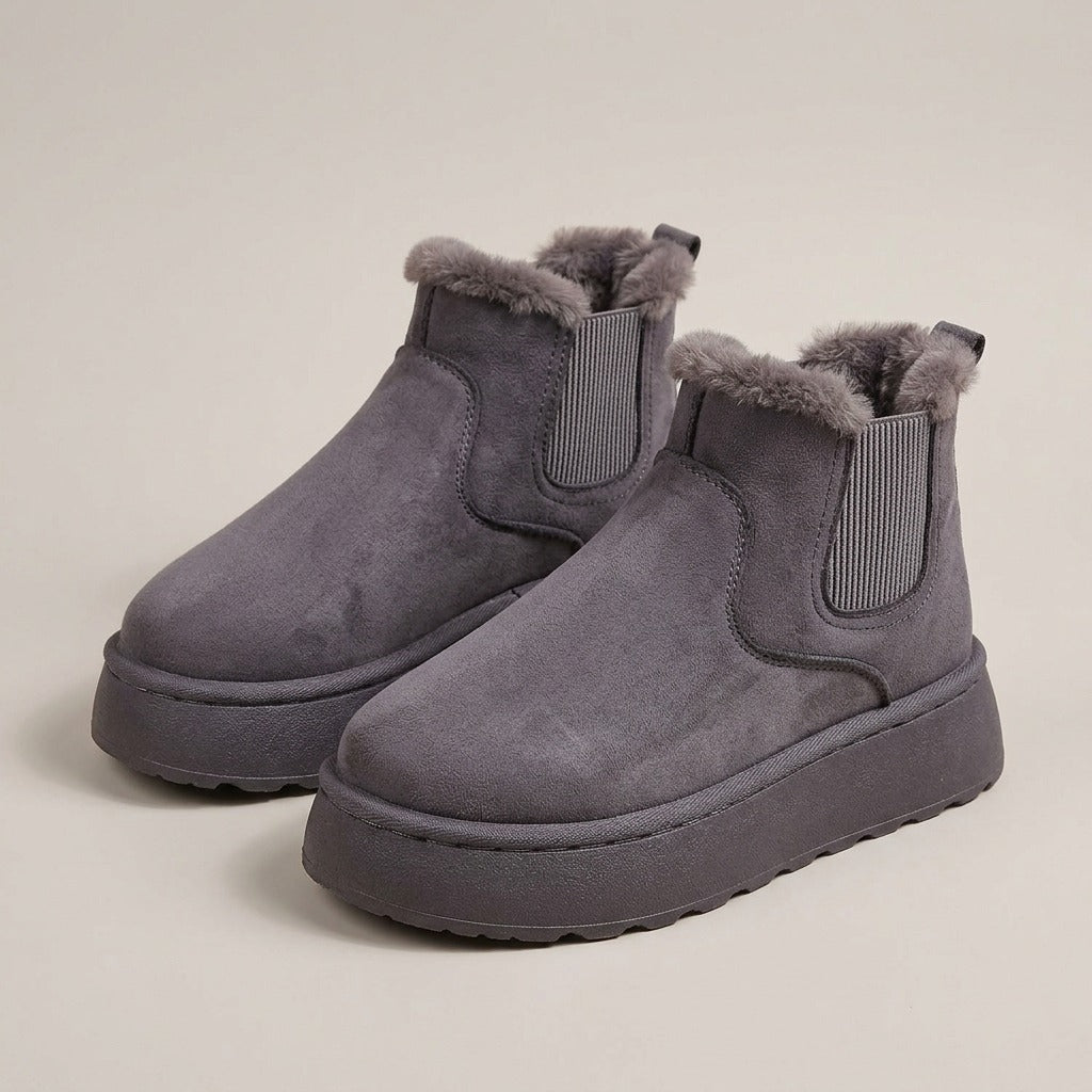 Ivy grey suede-look platform chelsea boots with plush collar and elastic side panels, pair
