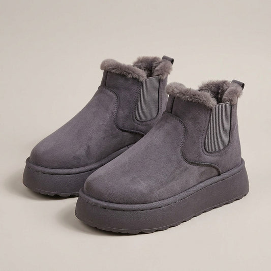 Ivy grey suede-look platform chelsea boots with plush collar and elastic side panels, pair
