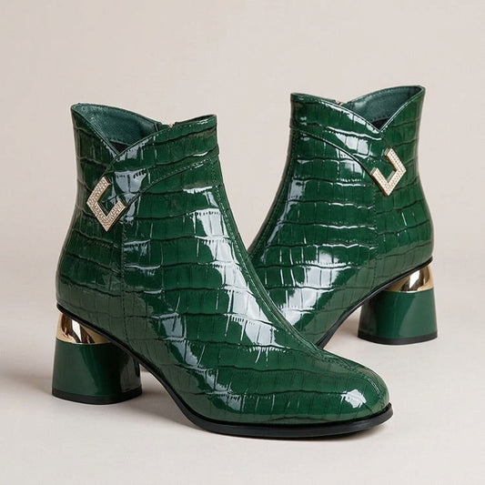 jade-croc-embossed-patent-look-ankle-boots-women-s-green-rhinestone-accent-block-heel-booties 1
