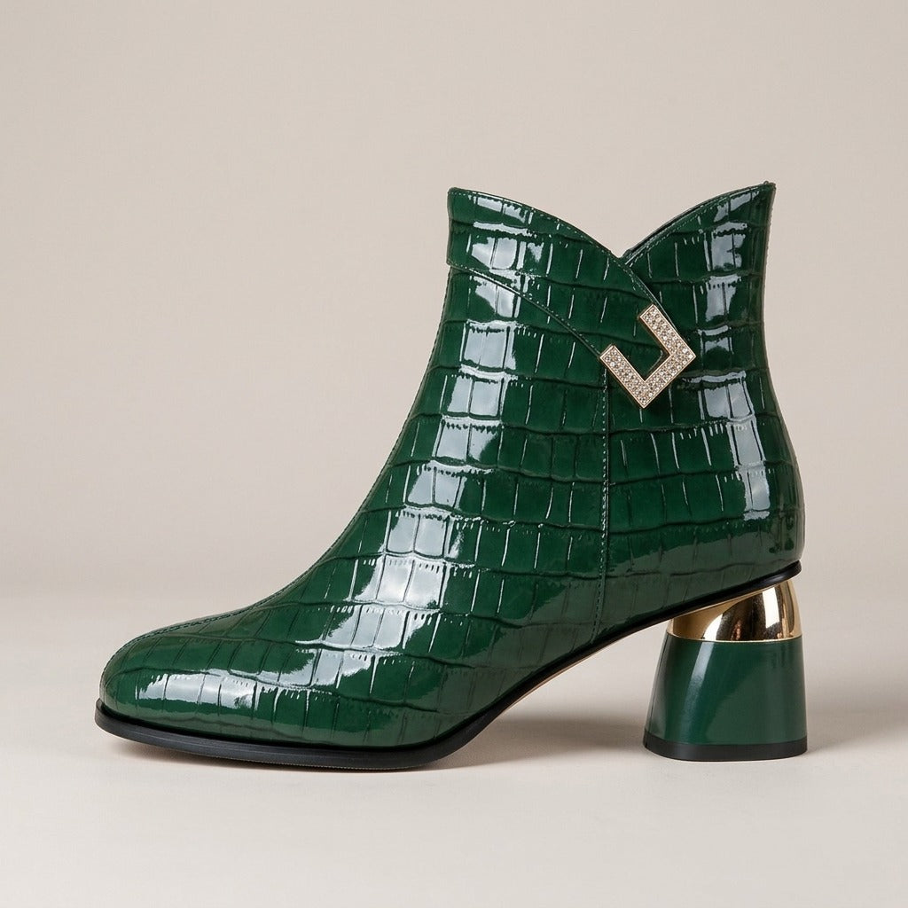 jade-croc-embossed-patent-look-ankle-boots-women-s-green-rhinestone-accent-block-heel-booties 2