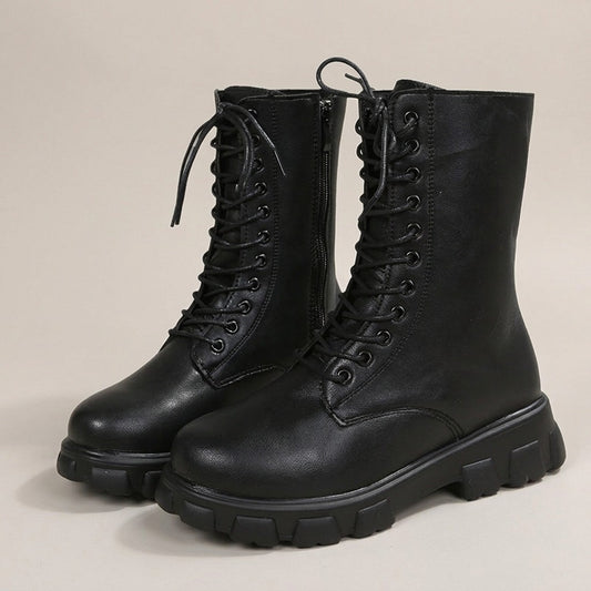 joan-lace-up-mid-calf-combat-boots-women-s-black-leather-look-chunky-lug-sole-boots 1