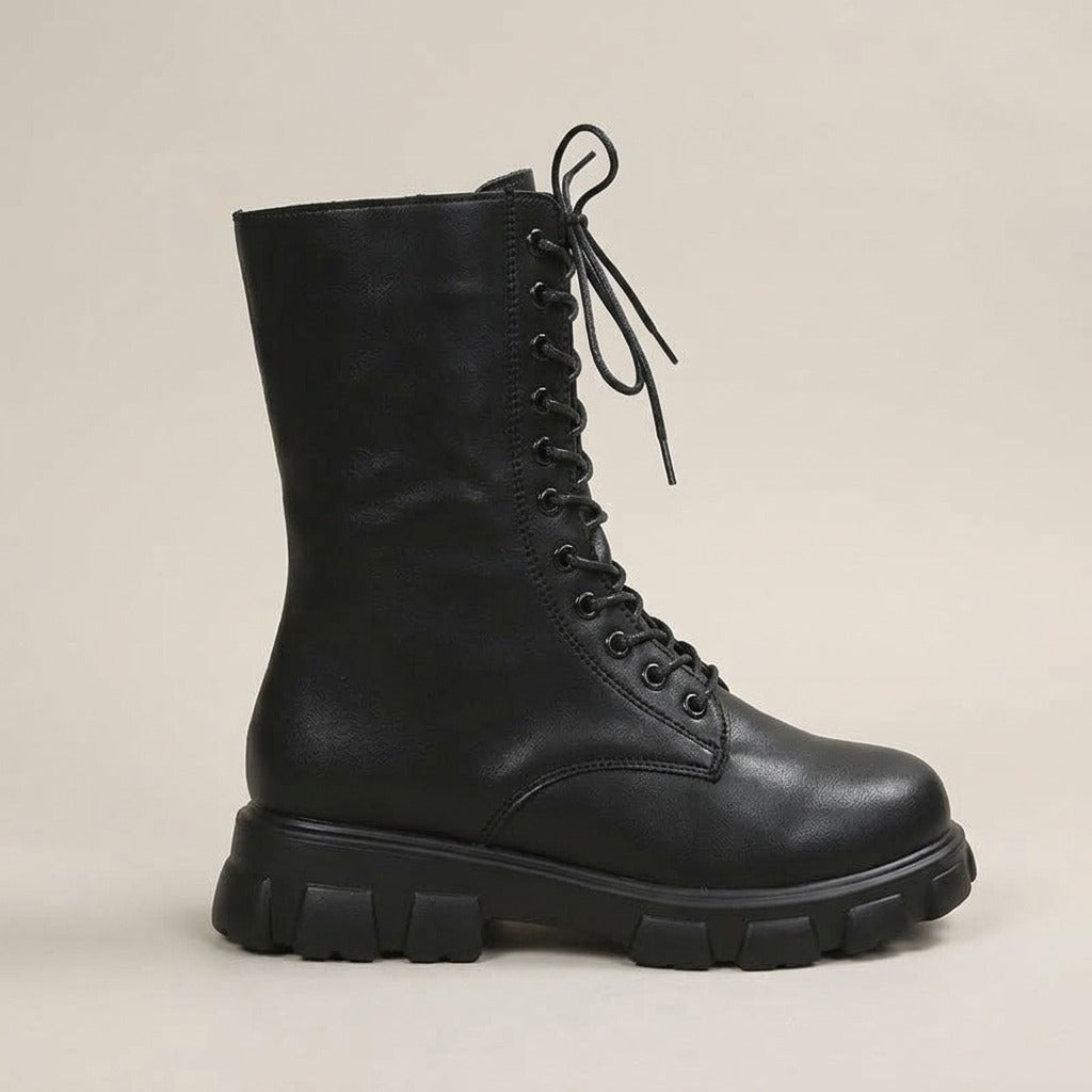 joan-lace-up-mid-calf-combat-boots-women-s-black-leather-look-chunky-lug-sole-boots 2