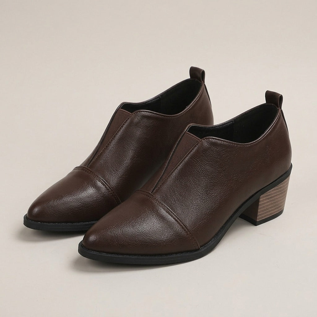 joss-pointed-toe-slip-on-ankle-boots-women-s-brown-leather-look-block-heel-shooties 1