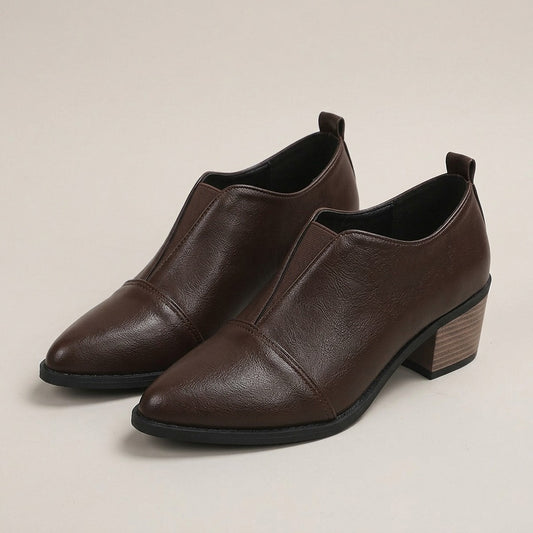 joss-pointed-toe-slip-on-ankle-boots-women-s-brown-leather-look-block-heel-shooties 1