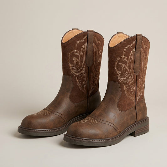 Juliet brown western boots with tan embroidery and pull tabs, pair