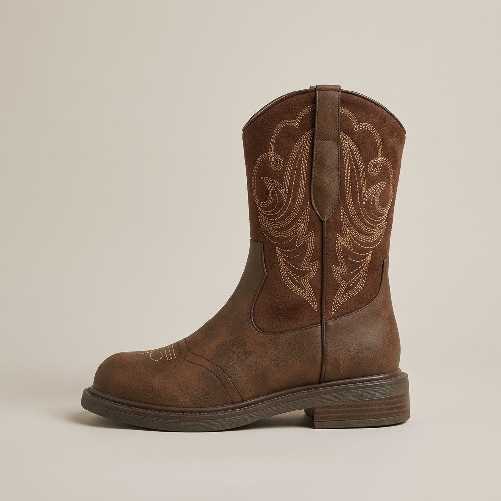 Juliet brown western boot, side view of the embroidered shaft