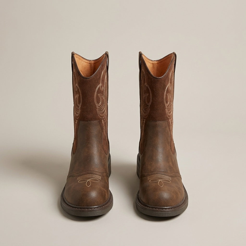 Juliet brown western boots, pair, front view