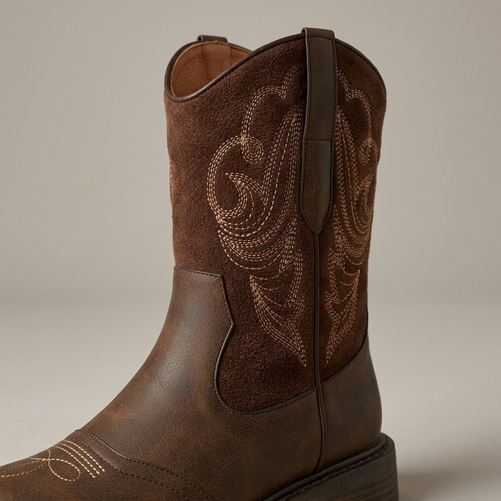 Close-up of the embroidered shaft and pull tab on the Juliet boot