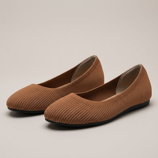 June caramel ribbed knit ballet flats with a round toe, pair
