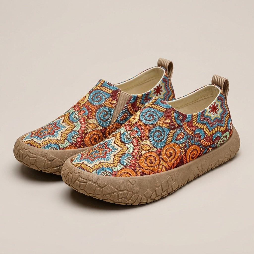 Juniper paisley-print slip-on shoes with a thick textured tan sole, pair