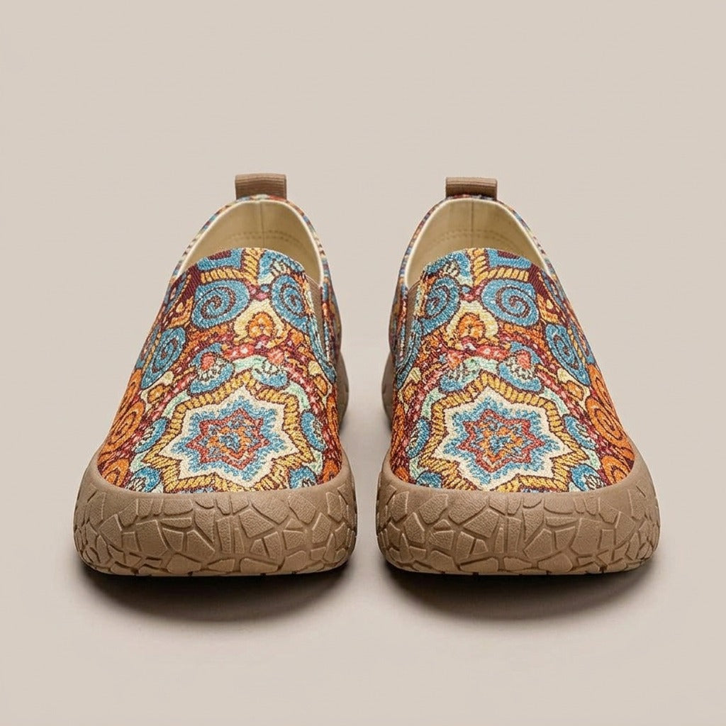 Juniper paisley slip-ons, pair, front view of the rounded toe