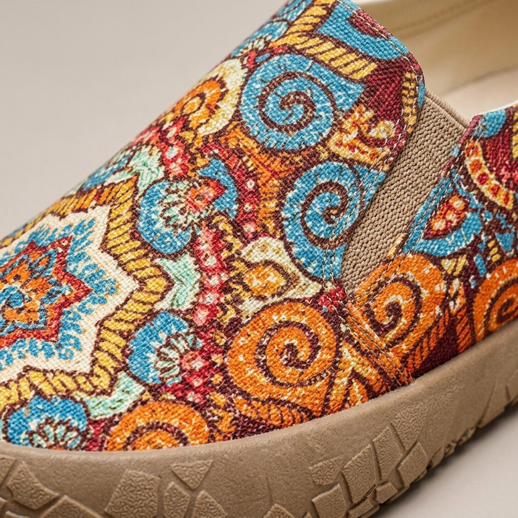 Close-up of the paisley print and textured sole on the Juniper shoe