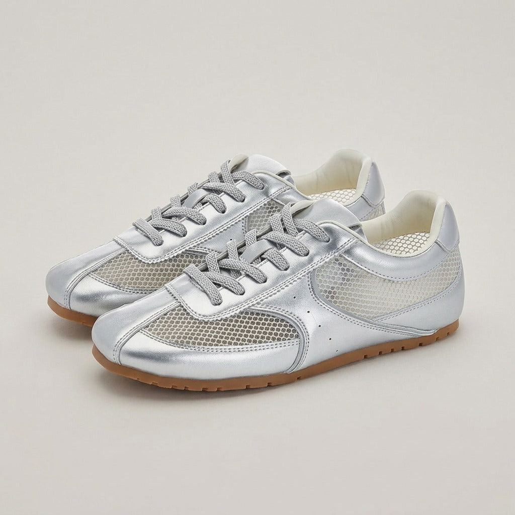 Juno silver retro low-top sneakers with mesh panels, grey laces and a gum sole, pair