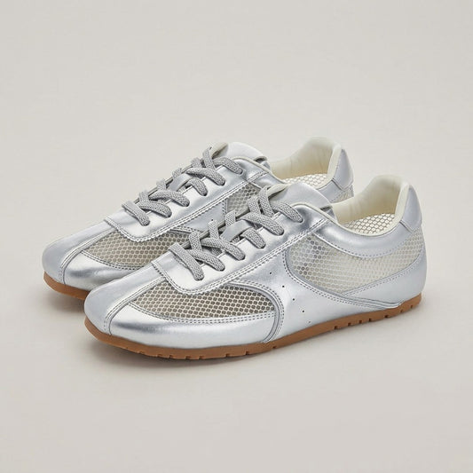 Juno silver retro low-top sneakers with mesh panels, grey laces and a gum sole, pair