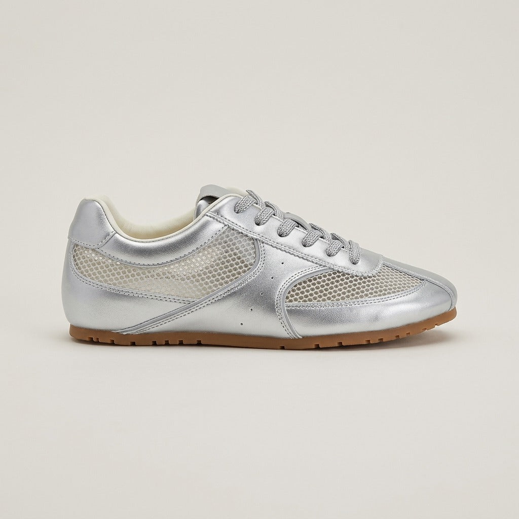 Juno silver sneaker, side view of the low profile