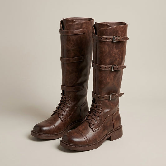 Lark brown leather-look tall boots with lace-up front and three buckle straps, pair