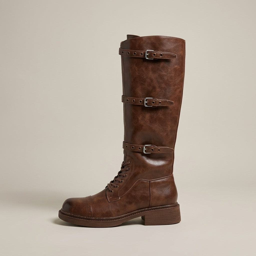 Lark brown tall boot, side view of the buckle straps