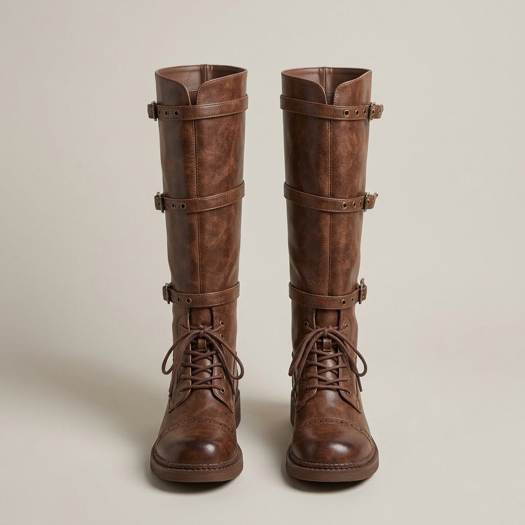 Lark brown tall boots, pair, front view of the laces
