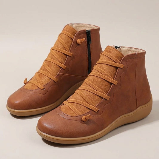 leah-crisscross-lace-flat-ankle-boots-women-s-brown-side-zip-booties 1