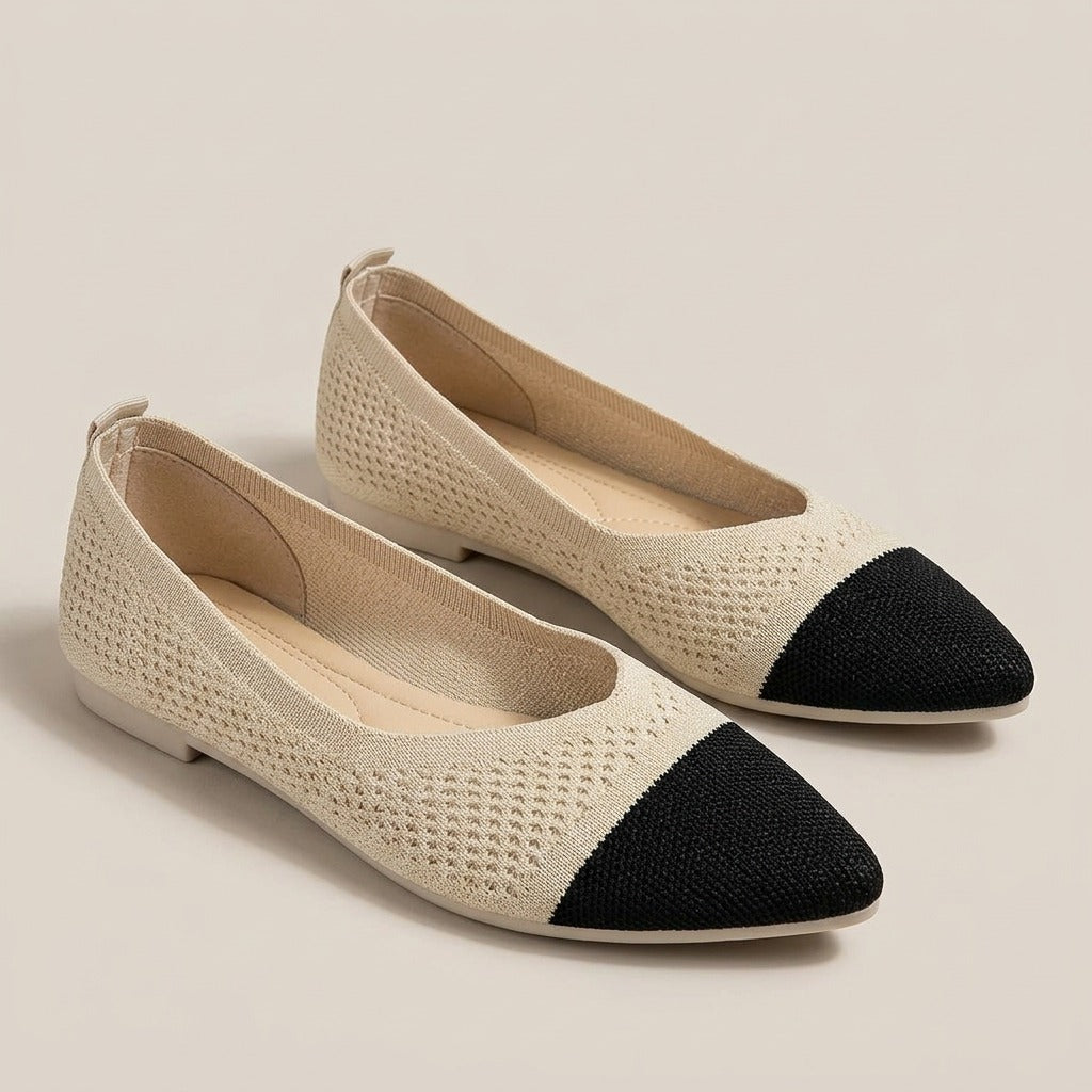 Lottie cream perforated knit pointed flats with black toe cap, pair