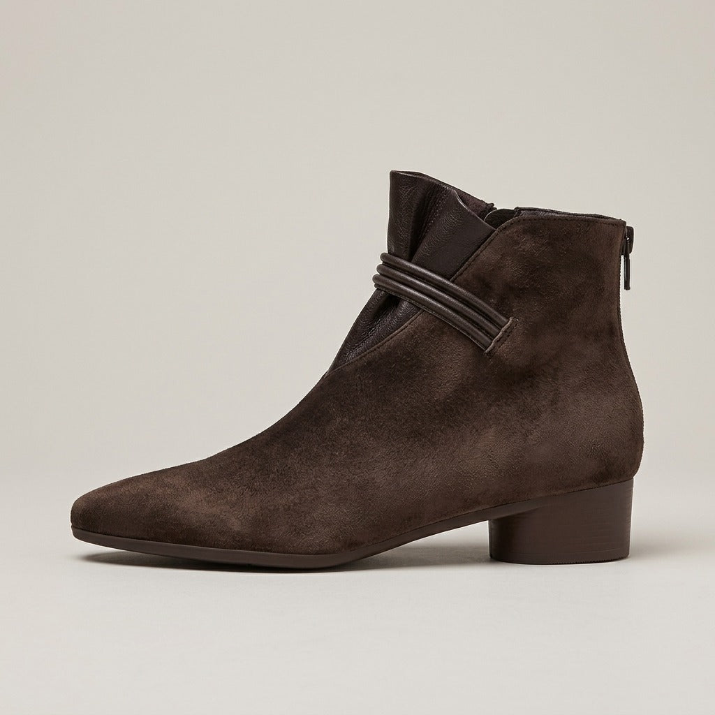 lucille-wrapped-cord-pointed-ankle-boots-women-s-dark-brown-suede-look-back-zip-low-heel-booties 2