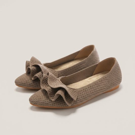Mabel taupe perforated knit pointed flats with a ruffle trim, pair