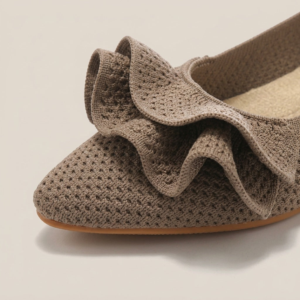 Close-up of the ruffle trim on the Mabel flat