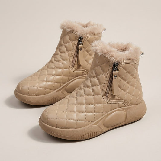 Maisie beige diamond-quilted ankle boots with plush collar and side zip, pair