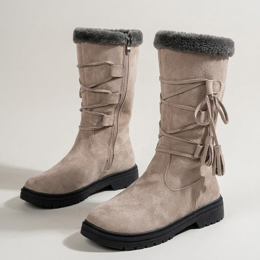 marit-faux-fur-cuff-mid-calf-snow-boots-women-s-taupe-suede-look-tassel-lace-side-zip-winter-boots 1