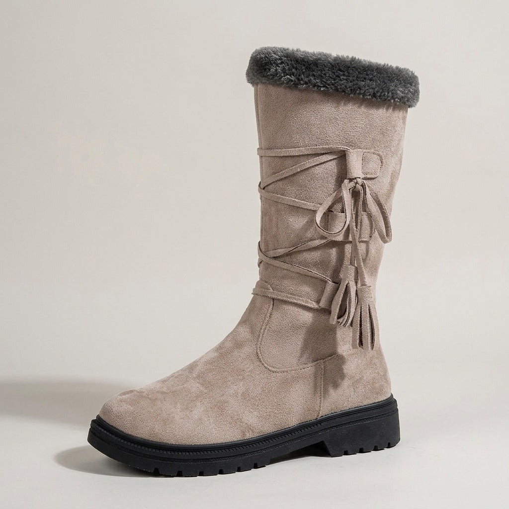marit-faux-fur-cuff-mid-calf-snow-boots-women-s-taupe-suede-look-tassel-lace-side-zip-winter-boots 2