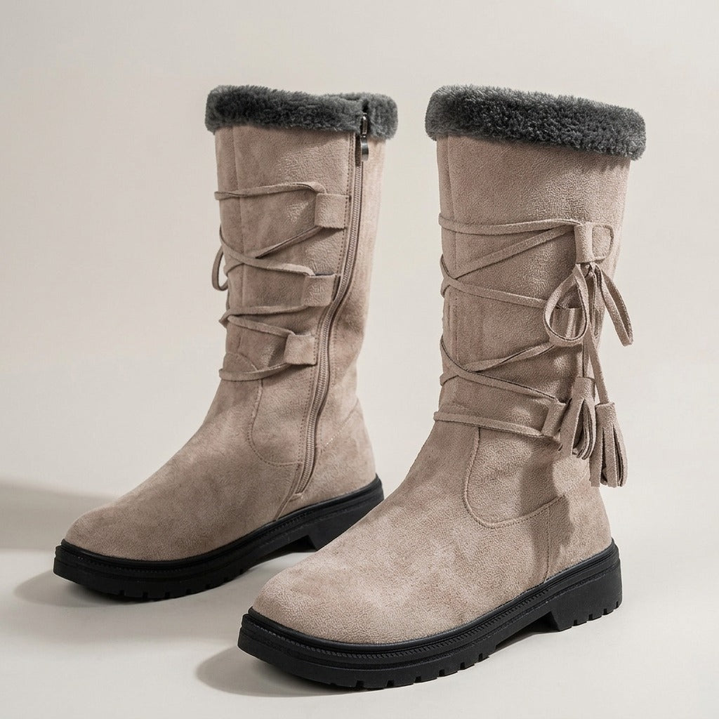 marit-faux-fur-cuff-mid-calf-snow-boots-women-s-taupe-suede-look-tassel-lace-side-zip-winter-boots 3