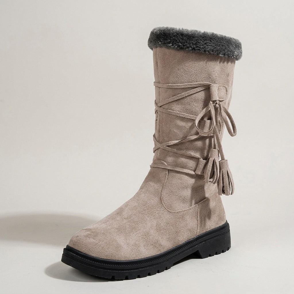 marit-faux-fur-cuff-mid-calf-snow-boots-women-s-taupe-suede-look-tassel-lace-side-zip-winter-boots 4