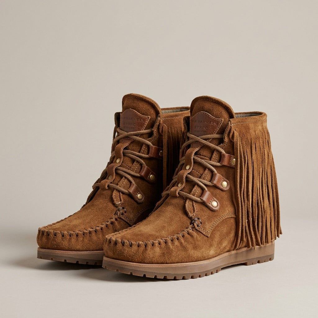 Marlowe brown suede-look moccasin ankle boots with side fringe and lace-up front, pair