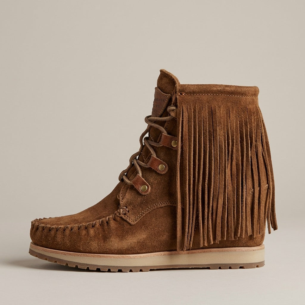 Marlowe moccasin boot, side view showing the long fringe panel
