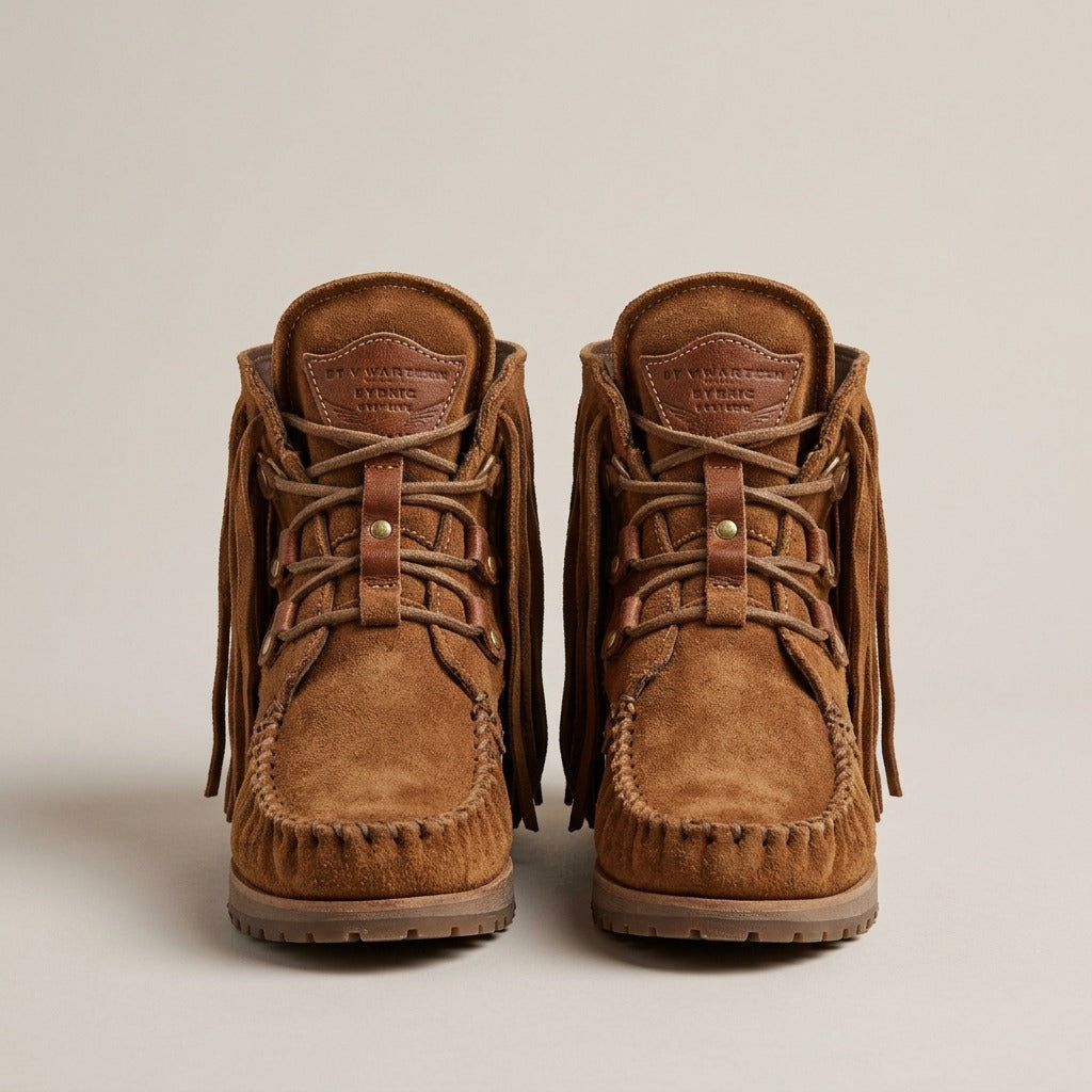Marlowe moccasin boots, pair, front view of the laces and toe stitching