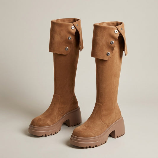 Mira tan suede-look tall boots with fold-over snap-stud cuff and lug platform sole, pair