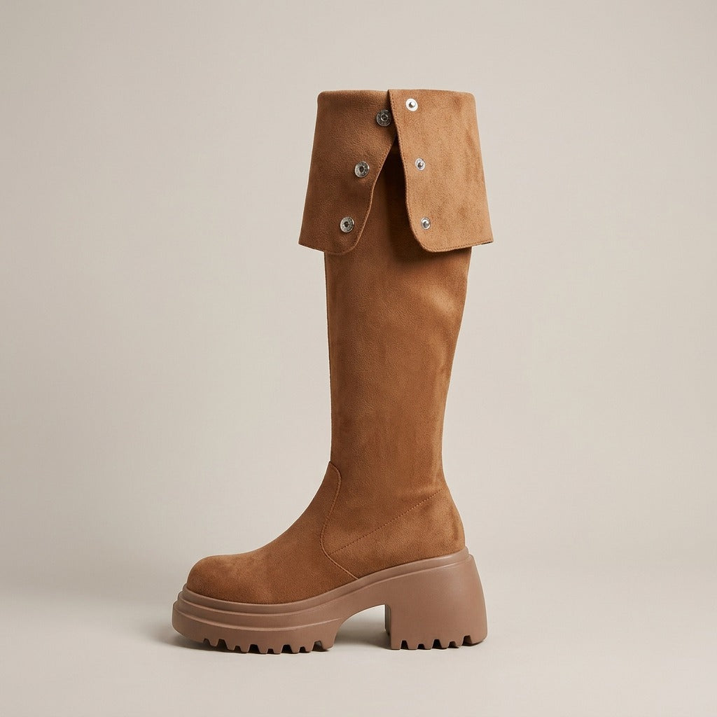 Mira tan tall boot, side view of the folded cuff