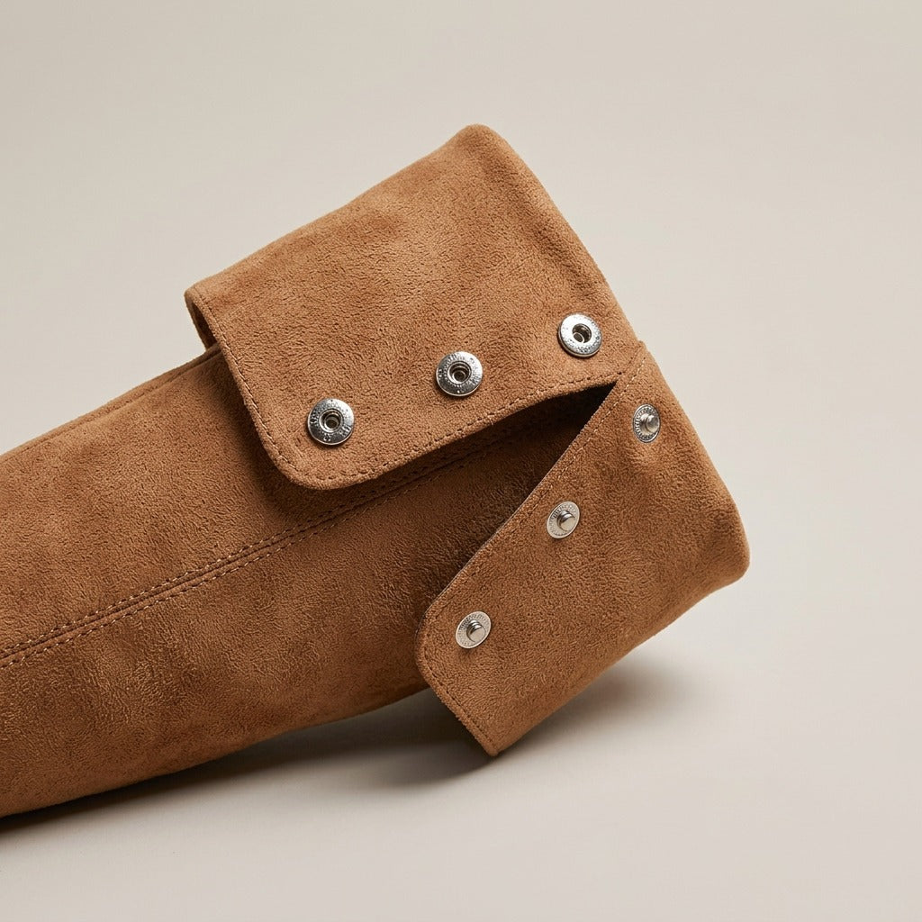 Close-up of the folded cuff with silver snap studs on the Mira boot