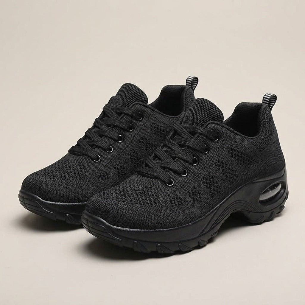 Nell black knit lace-up sneakers with a rocker sole and heel air unit, pair