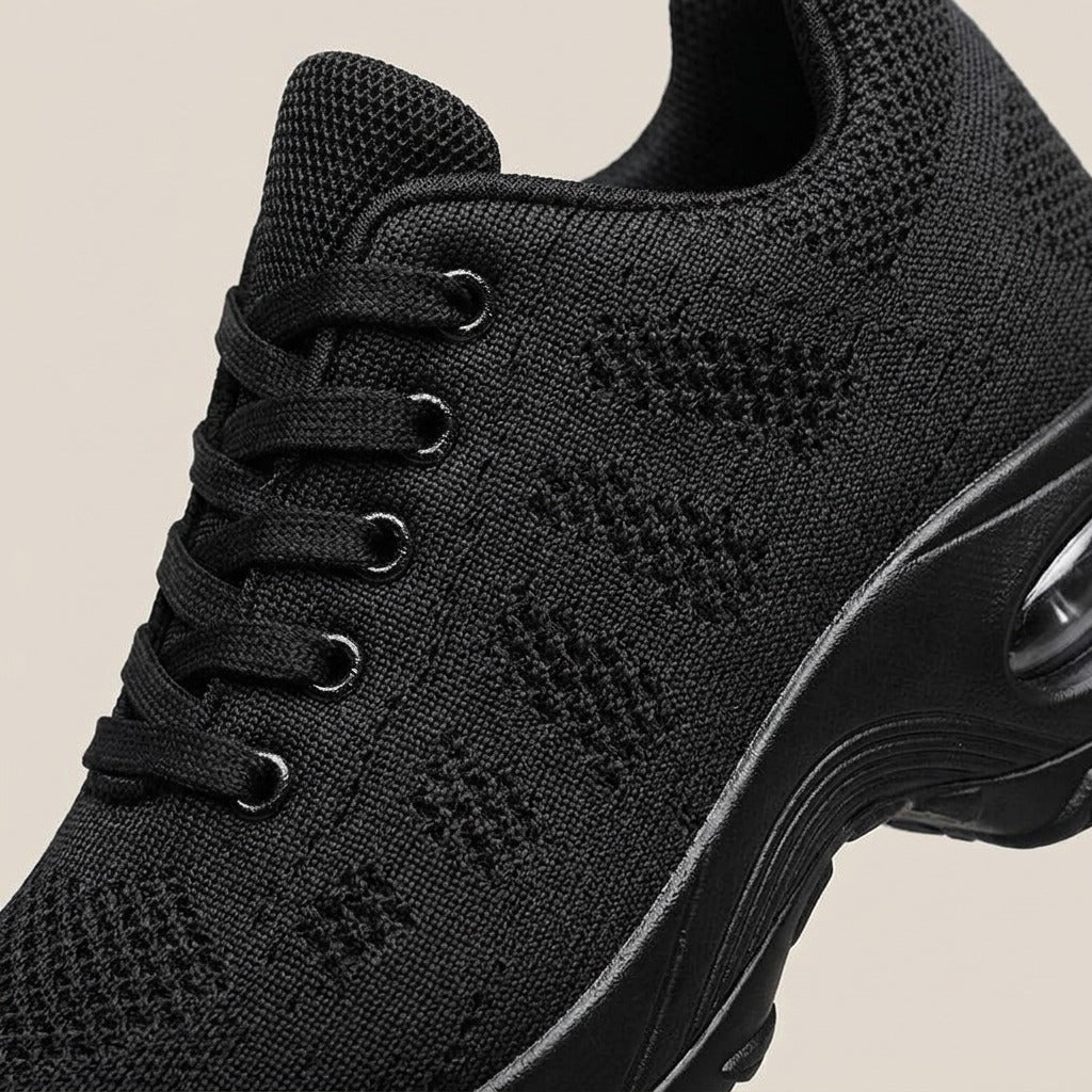 Close-up of the patterned knit upper and laces on the Nell sneaker
