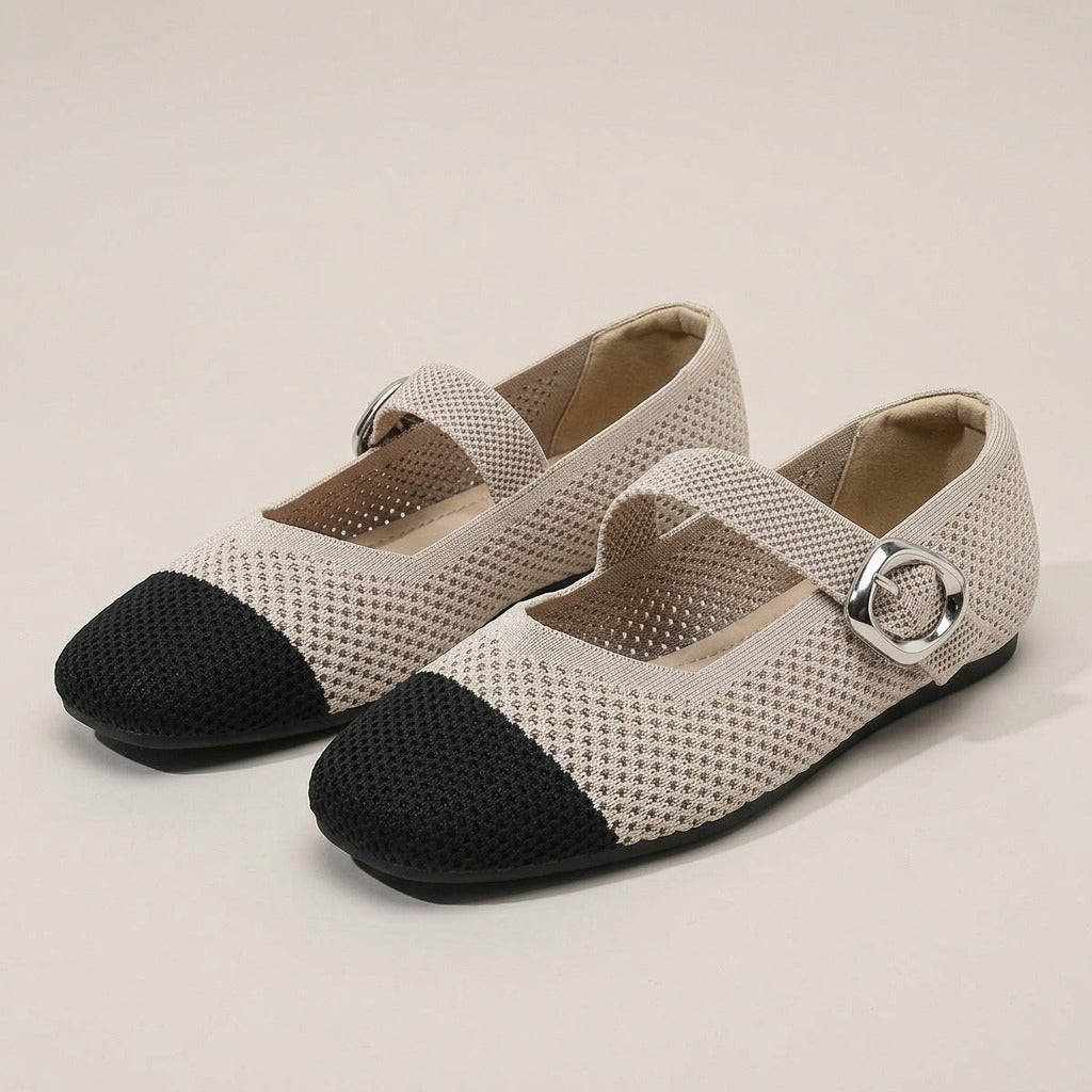 Nina beige perforated knit Mary Jane flats with black cap toe and round silver buckle, pair