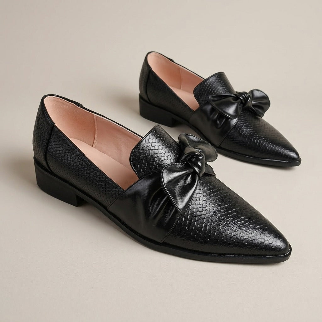 nola-bow-pointed-toe-loafers-women-s-black-snake-embossed-leather-look-flat-shoes 1