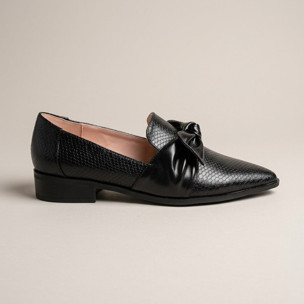 nola-bow-pointed-toe-loafers-women-s-black-snake-embossed-leather-look-flat-shoes 2