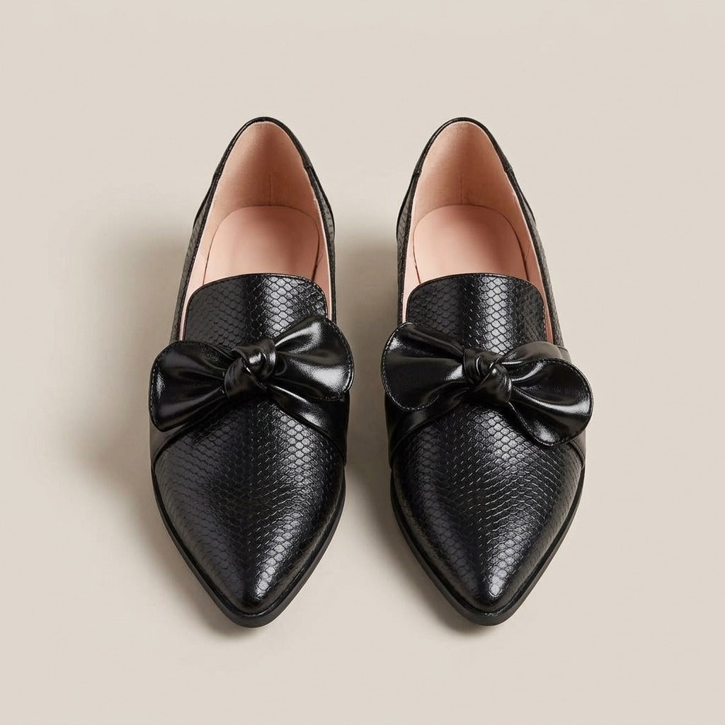 nola-bow-pointed-toe-loafers-women-s-black-snake-embossed-leather-look-flat-shoes 3