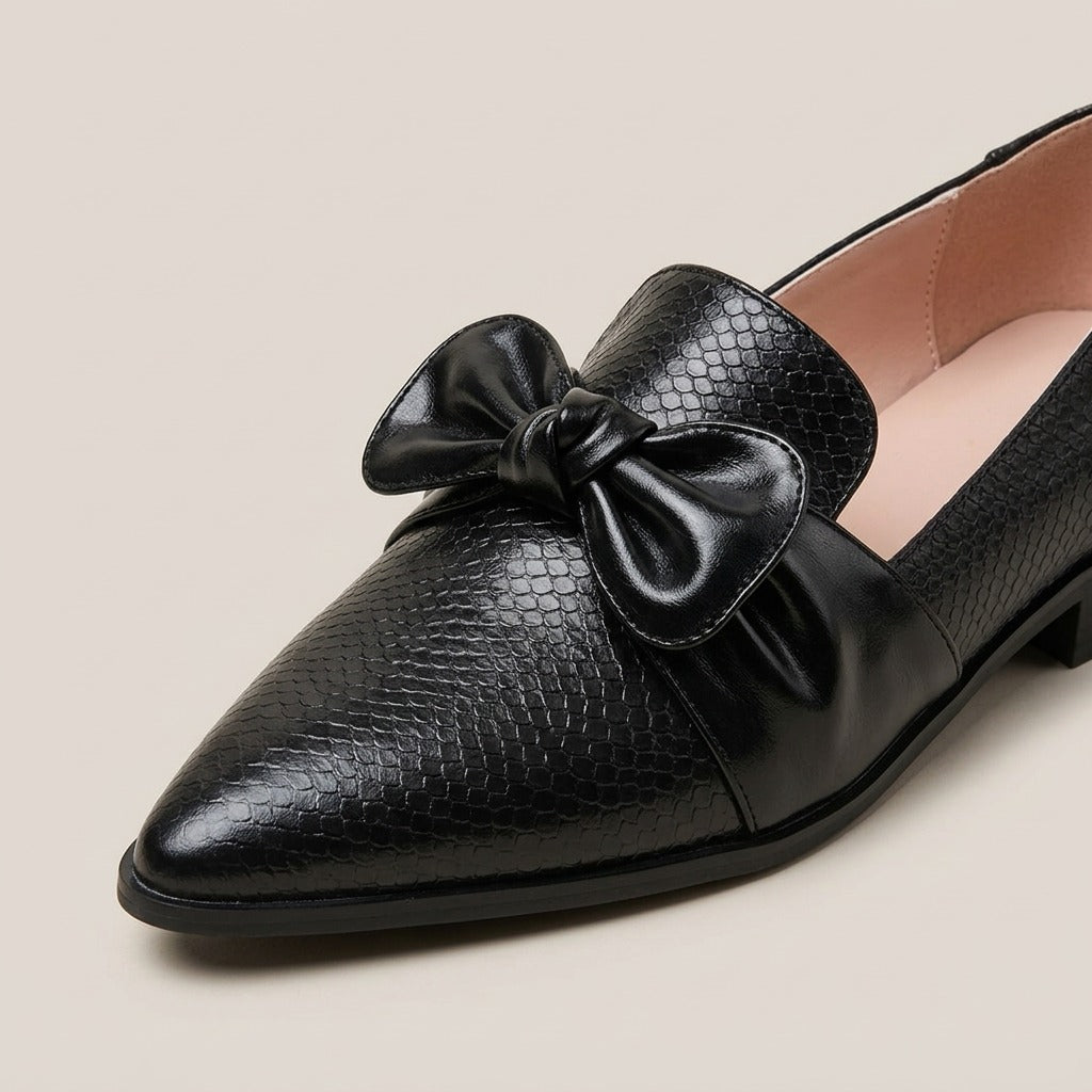 nola-bow-pointed-toe-loafers-women-s-black-snake-embossed-leather-look-flat-shoes 4