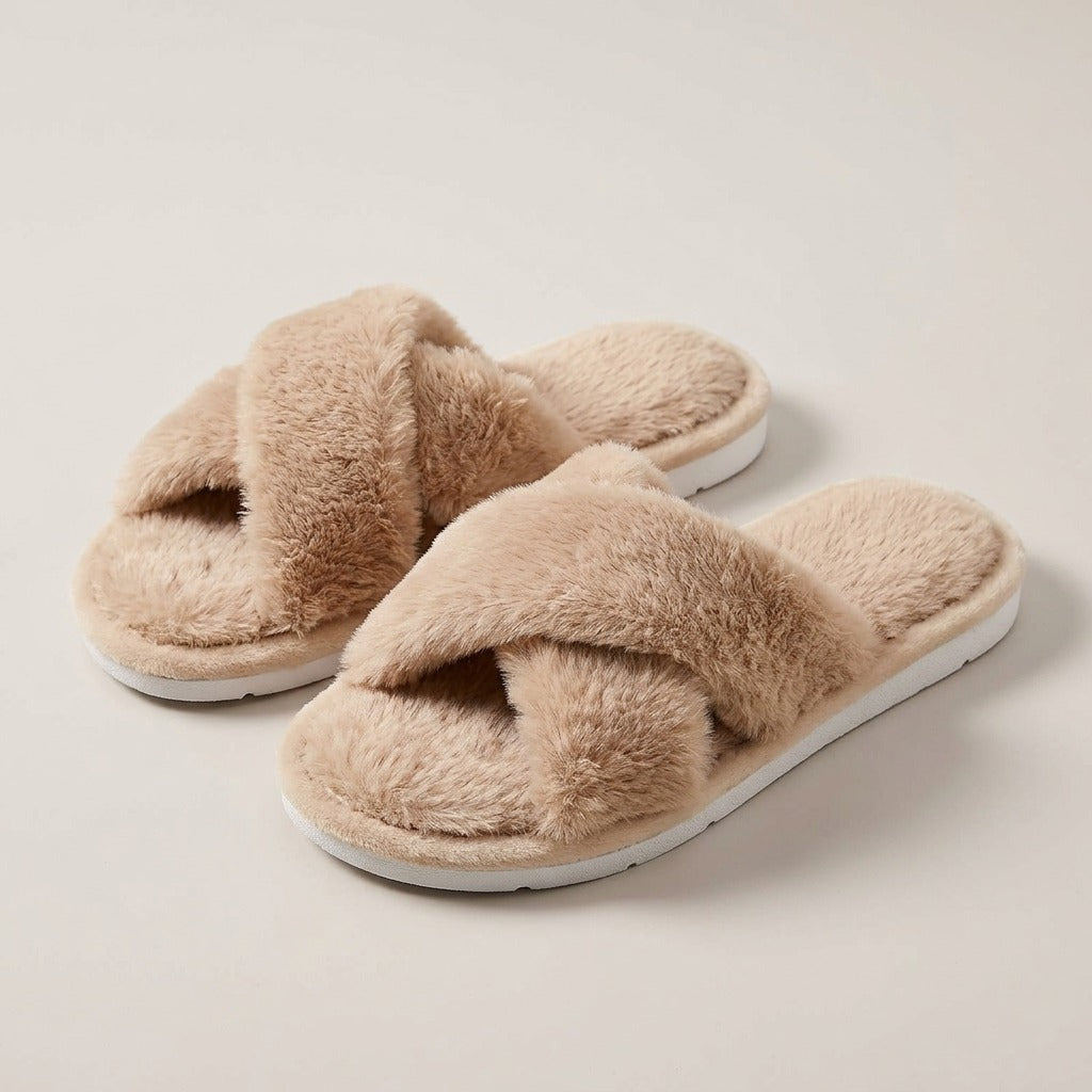 Nova camel plush cross-band slide slippers, pair