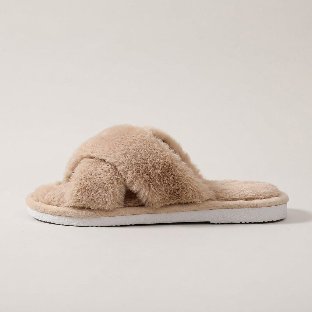 Nova plush slide slipper, side view of the flat sole